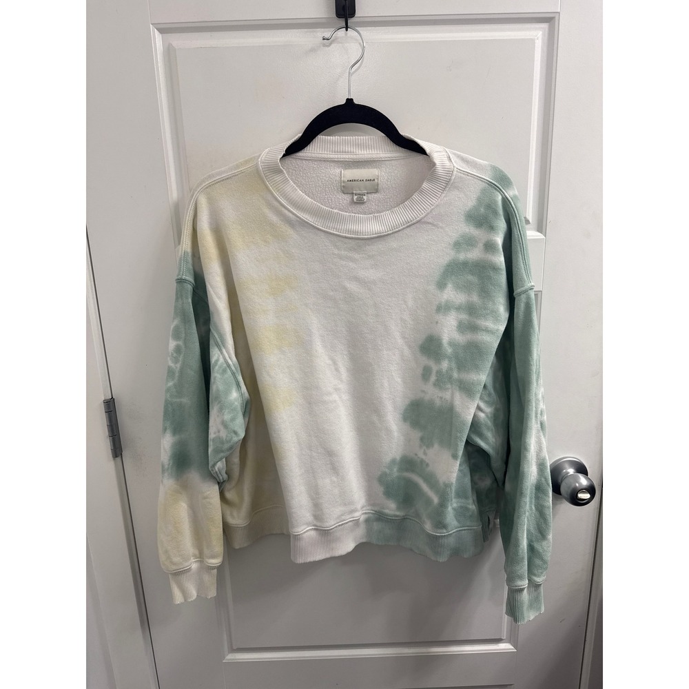 American Eagle Tie Dye Sweatshirt Womens XS White Green Yellow Crewneck Pullover